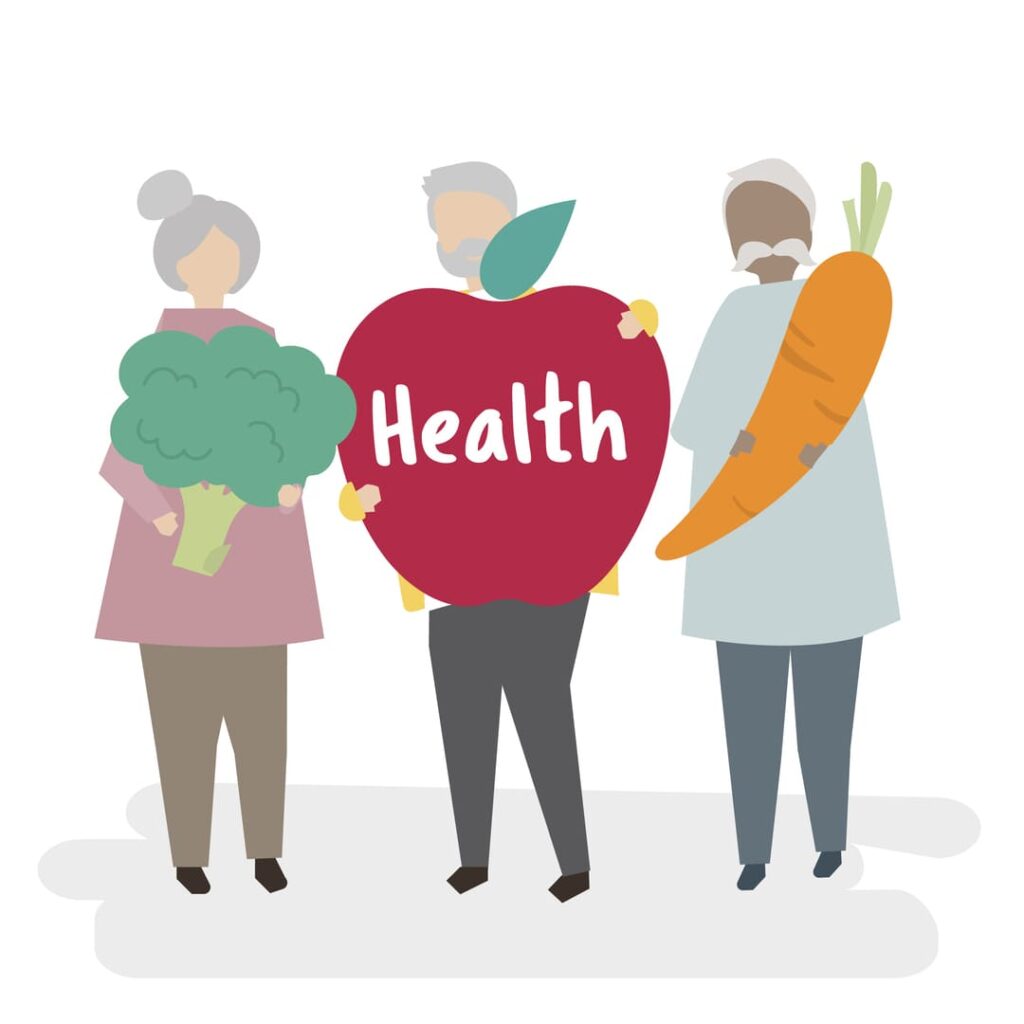 Illustration of three seniors holding an apple, carrot, and broccoli, representing essential vitamins and dietary fiber for elder health.
手繪三位長輩抱著蘋果、紅蘿蔔與花椰菜,象徵銀髮族攝取維生素與膳食纖維對維持消化道健康的重要性。