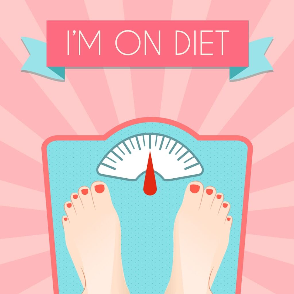 Retro-style flat illustration of a person standing on a pink bathroom scale with the text "I'm on Diet," representing the motivation behind choosing lower-GI staple foods like parboiled rice for healthy weight control. 復古風格插畫:人物站在粉色體重計上,上方標示「I'M ON DIET」,象徵選擇預熟米等低升糖主食進行健康體重管理的動力。